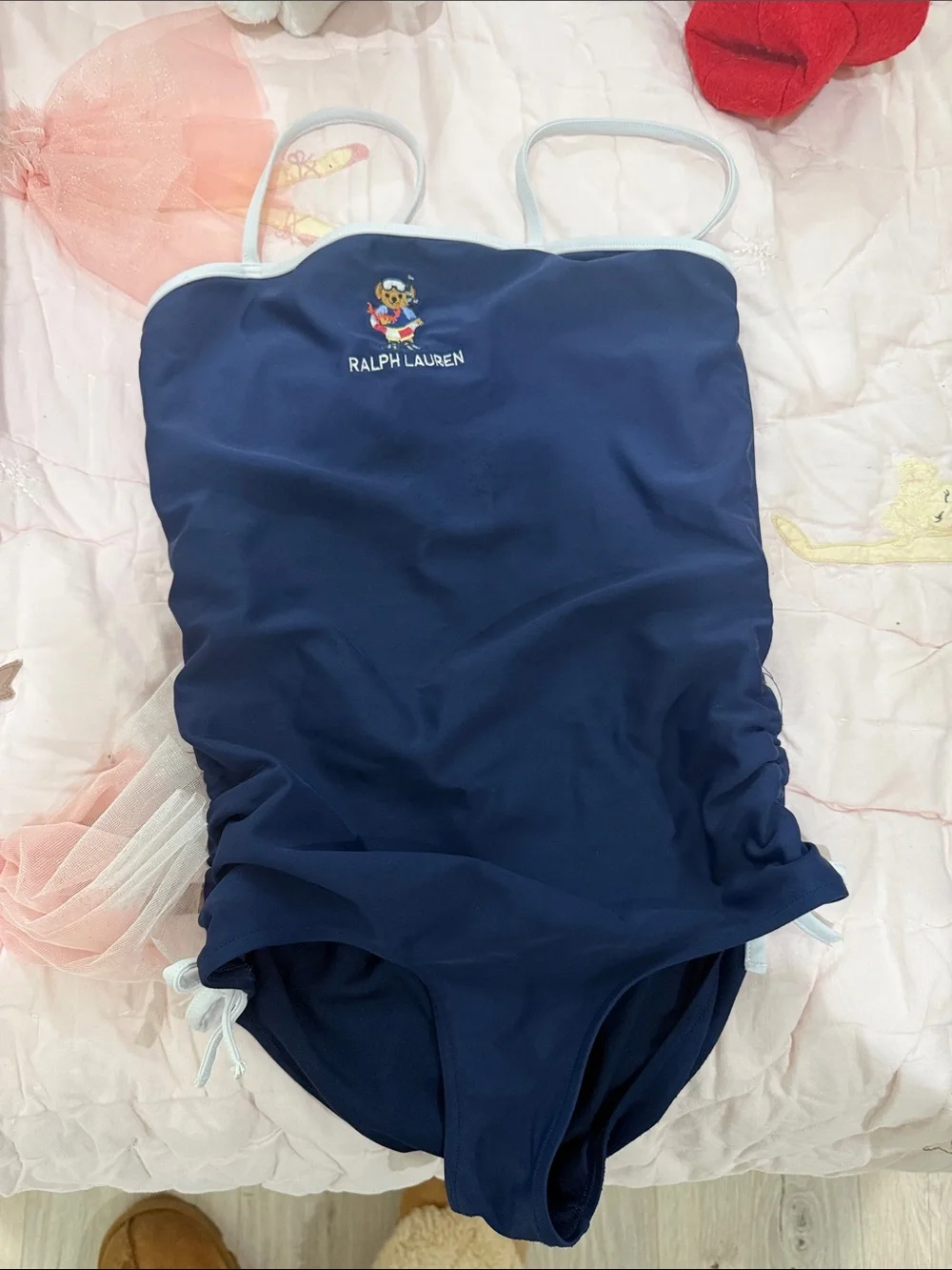 Ralph Lauren Navy Blue One-Piece Kids Swim Suit with Light Trim